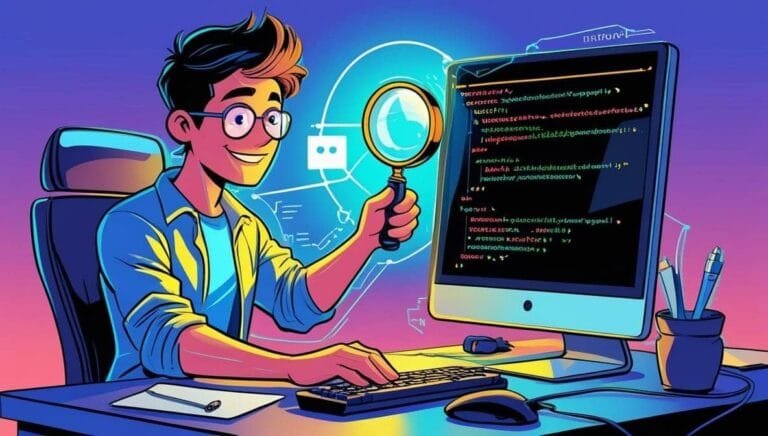 Illustration of a person with glasses at a desk, holding a magnifying glass, examining code on a computer screen. The scene is colorful and conveys focus.