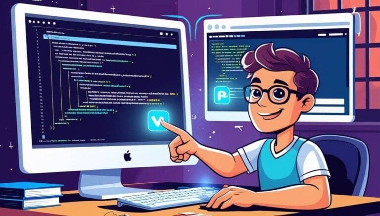 Illustration of a smiling person with glasses typing on a keyboard in front of two monitors showing colorful code. A window view adds a cozy feel.