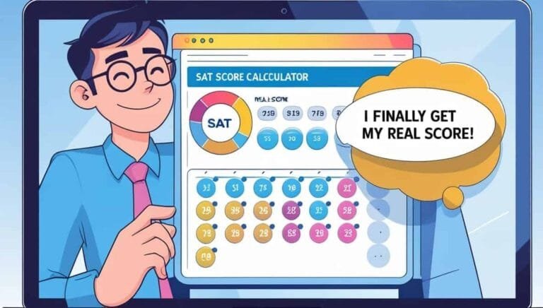 Animated image of a smiling person in glasses pointing at a computer screen displaying an SAT score calculator. A thought bubble reads, "I finally get my real score!"