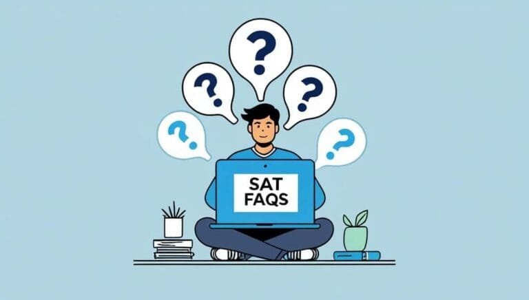 Illustration of a person seated cross-legged with a laptop labeled "SAT FAQs." Question marks surround them, suggesting curiosity or inquiries. Calm tone.