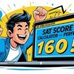 Illustration of a joyful person with blue hair raising fists in triumph beside a laptop showing "SAT Score Calculator - Perfect 1600!" on the screen.