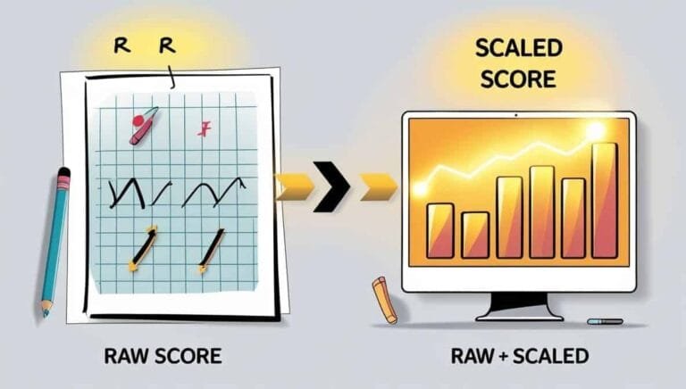 Illustration of score transformation: a graph on paper labeled "Raw Score" with zigzag lines transitions to a computer screen showing a rising bar graph labeled "Scaled Score." Bright tones suggest improvement.