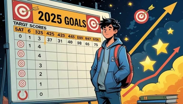 A young person stands confidently beside a large board labeled "2025 Goals," featuring target scores. The scene is set at night, with stars and arrows indicating ambition.