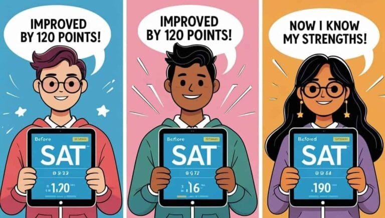 Illustration of three smiling students holding tablets displaying SAT scores. Each has a speech bubble highlighting score improvements or self-awareness.