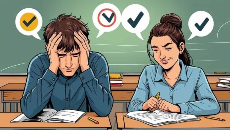 A frustrated student holds his head while sitting at a desk with an open book. Next to him, a smiling student writes notes. Speech bubbles above show checkmarks.