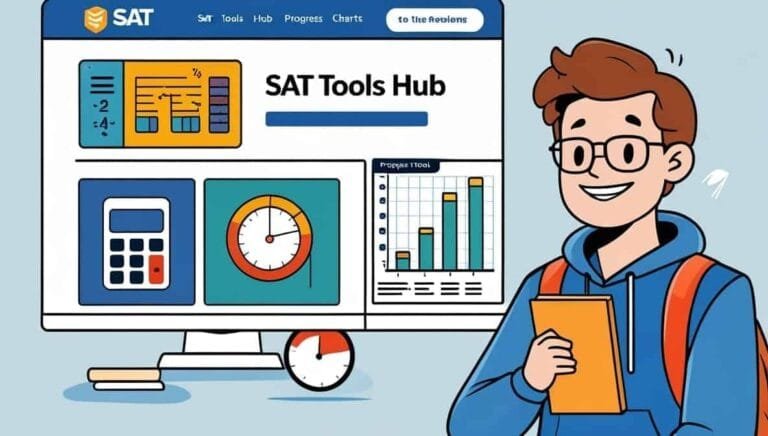 Illustration of a student with glasses and a backpack, holding a notebook, standing next to a computer screen displaying SAT tools and graphs. The mood is optimistic.