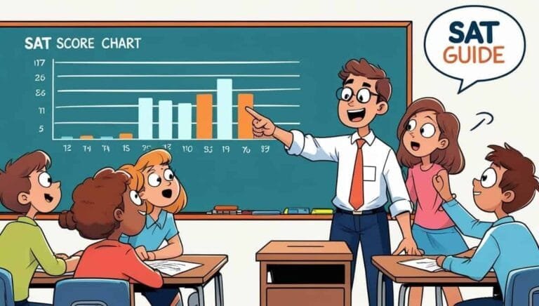 Illustration of a teacher pointing at an SAT score chart on a blackboard. Five students sit around desks, engaged and attentive, with a speech bubble reading "SAT Guide."