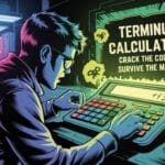 A man intensely operates a large calculator with glowing skulls around it. Text reads "Terminus Calculator: Crack the Code, Survive the Map!" The scene is moody and suspenseful.