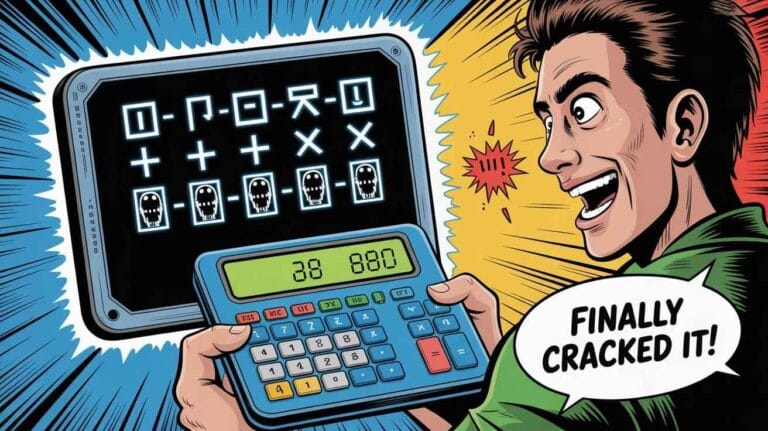 Terminus Calculator (2) A man excitedly holds a calculator displaying "38 880" in front of a digital board with cryptic symbols. He exclaims, "Finally cracked it!" The Code Using Terminus Calculator in a comic style.