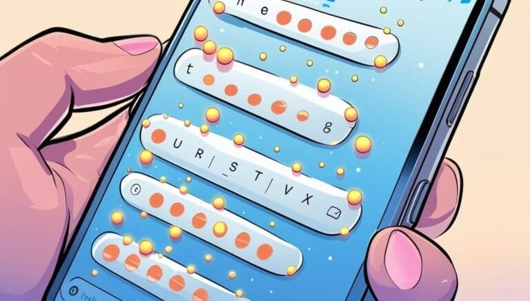 Illustration of a hand holding a smartphone with a game on-screen. Rows of letters and orange dots are shown, indicating a puzzle-like game in progress.