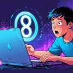 "Uses of Invisible Characters Online" A surprised young boy in a blue shirt uses a laptop against a purple background. A glowing number eight is behind him, conveying intrigue and amazement.