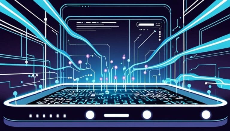 Futuristic illustration of a smartphone with glowing digital circuits and data streams emanating from it, conveying a sense of innovation and connectivity.