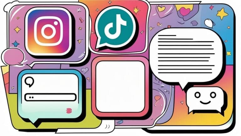 "uses of Invisible Characters Online" Colorful illustration of social media icons, including Instagram and TikTok, with cartoon speech bubbles on a vibrant background of stars and hearts. Bright and playful tone.