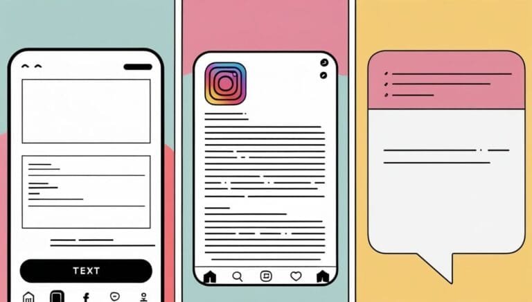 Illustration of three smartphone screens on a pastel background. From left to right: a generic app with a text button, an Instagram feed, and a chat bubble.