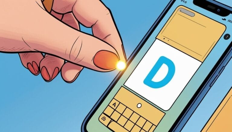 A hand with red-painted nails taps a smartphone screen displaying a large blue "D," symbolizing a notification or input. Bright colors, tech theme.