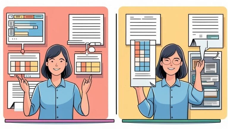 A cartoon of a woman with dark hair in two panels. Left: smiling, pointing at data charts on a pink background. Right: wearing glasses, holding papers on yellow.
