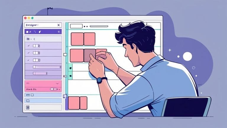 Illustration of a man designing a webpage interface on a computer screen. He adjusts layout elements in a focused manner, conveying a sense of creativity.