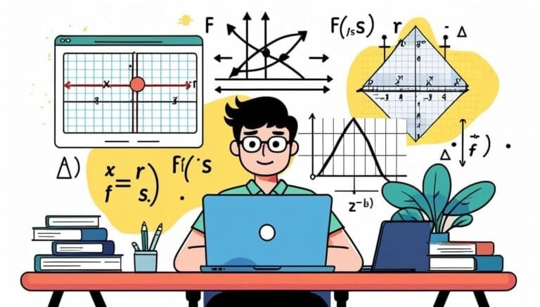 A person sits at a desk with a laptop, surrounded by mathematical graphs and formulas. Books and a plant are on the table. The scene is vibrant and studious.