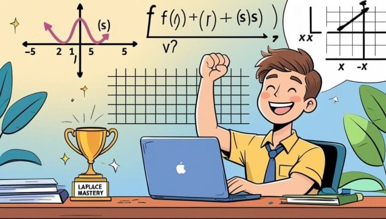 Illustration of a happy student at a desk with a laptop, raising a fist in celebration. A "Laplace Mastery" trophy and math equations are visible.