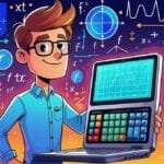 A smiling cartoon character holds a laptop displaying graphs. Surrounded by colorful math equations and diagrams, the scene conveys an enthusiastic learning vibe.