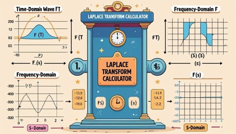 Illustration of a Laplace Transform Calculator. Features include graphs labeled "Time-Domain," "Frequency-Domain," and "S-Domain," with mathematical symbols and data. The design is colorful and educational, with a scientific theme.
