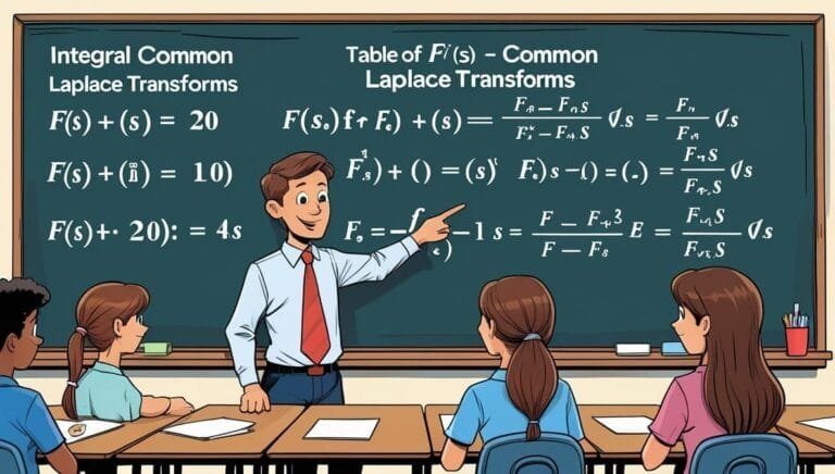 A teacher in a blue shirt and red tie energetically explains complex Laplace transforms on a blackboard to four attentive students in a classroom.