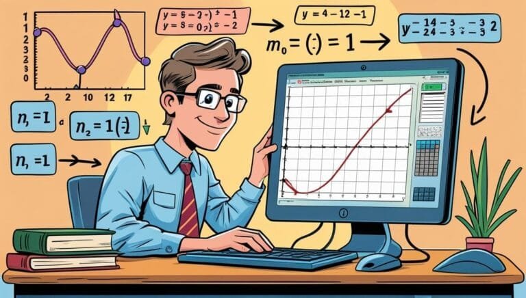 A man in glasses sits at a desk with a computer displaying a graph. Around him are math equations and charts. The scene conveys focus and analysis.