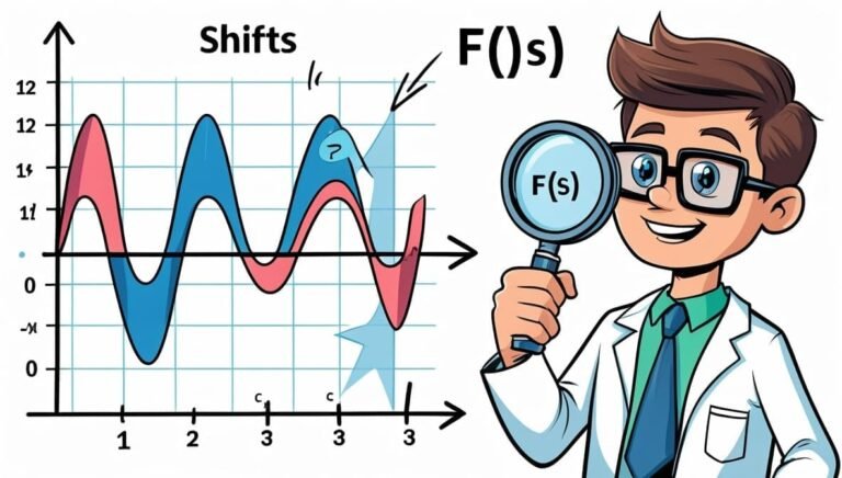 Illustration of a scientist holding a magnifying glass labeled "F(s)" beside a graph showing sinusoidal waves with shifts, labeled "Shifts." The mood is educational.