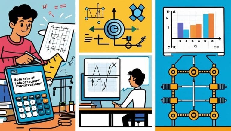 Illustration of a student working on math and science problems. Includes a calculator, graph charts, equations, and a diagram. Energetic and educational tone.