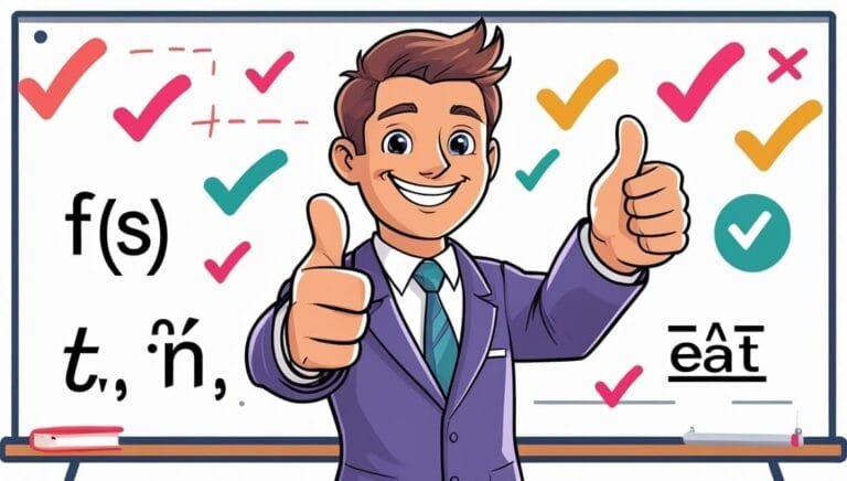 Illustration of a smiling man in a suit giving thumbs up in front of a whiteboard with check marks, letters, and symbols in bright colors.