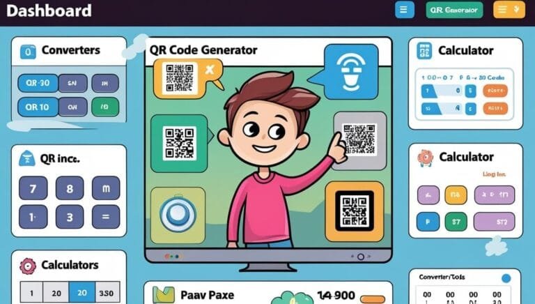 A colorful dashboard illustration with a smiling person in pink pointing at QR codes on a screen. Surrounding tools include converters, calculators, and icons.