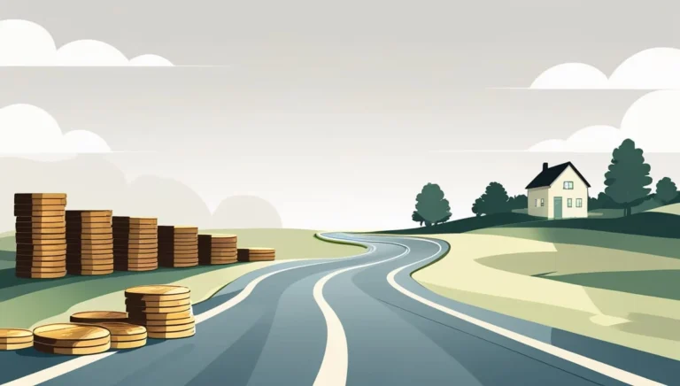 Coast FIRE Calculator Illustration of a winding road leading to a house, with stacks of coins beside the road. The scene is calm, depicting financial growth and journey.