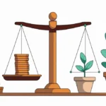 Coast FIRE Calculator A balanced scale with coins on one side and plants in pots on the other. The image suggests weighing monetary value against environmental growth.