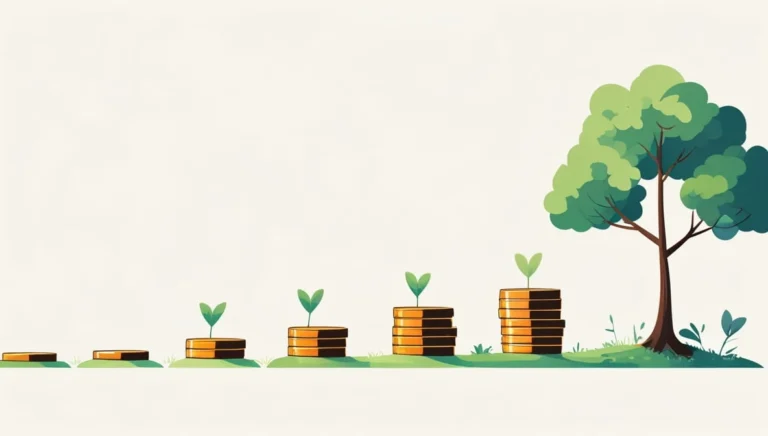Coast FIRE Calculator Illustration of stacks of coins growing from left to right, each with a plant sprout, culminating in a full tree, symbolizing financial growth and sustainability.