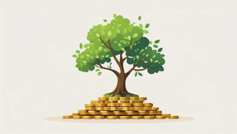 Coast FIRE Calculator Illustration of a lush green tree growing on a pile of gold coins, symbolizing financial growth and prosperity, with a neutral beige background.