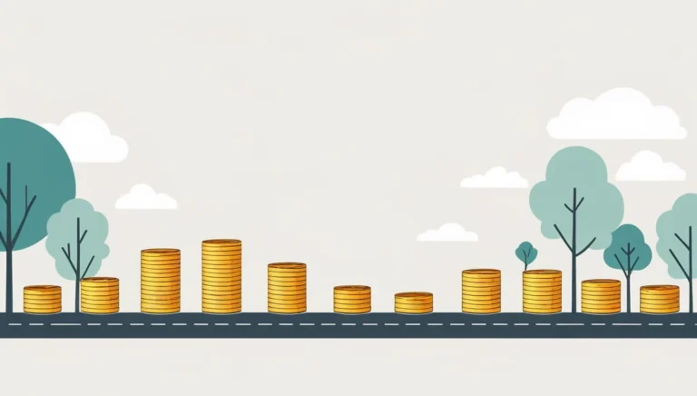 Coast FIRE Calculator Illustration of stacked gold coins on a road, varying in height. Trees and clouds in the background create a harmonious, financial growth theme.