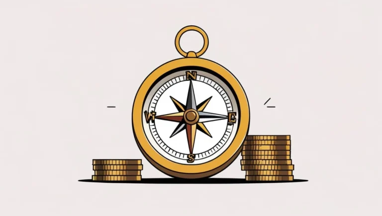 Coast FIRE Calculator Illustration of a golden compass with a black and white face, flanked by stacks of gold coins. Symbolizes guidance and wealth. Clean, minimalist design.