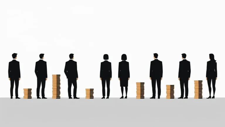 Coast FIRE Calculator Illustration of seven silhouetted people in suits standing beside uneven stacks of coins, symbolizing income disparity. The background is neutral.