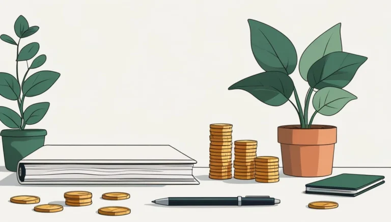 Coast FIRE Calculator Illustration of potted plants flanking stacked coins, a closed book, a pen, and a notebook on a table. The scene conveys themes of finance and growth.
