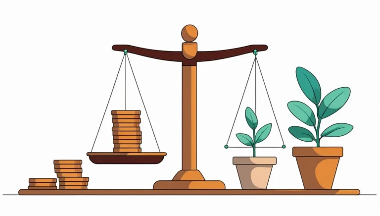 Coast FIRE Calculator A balanced scale with coins on one side and plants in pots on the other. The image suggests weighing monetary value against environmental growth.