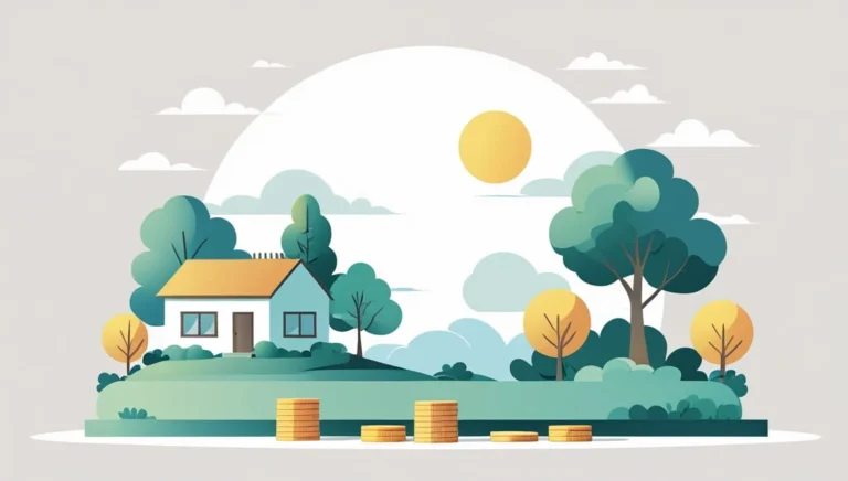 Coast FIRE Calculator Illustration of a house on a hill with trees, under a sunny sky. Stacks of coins are in the foreground, conveying themes of investment and growth.