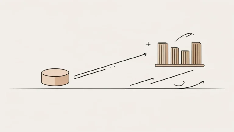 A simple illustration depicts a progress concept: a flat cylinder with a forward arrow aiming at a rising bar graph. The tone is optimistic and growth-focused.