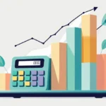 ETG Calculator Illustration of a calculator and colorful bar graphs with upward trend line, surrounded by small plants, symbolizing financial growth and prosperity.