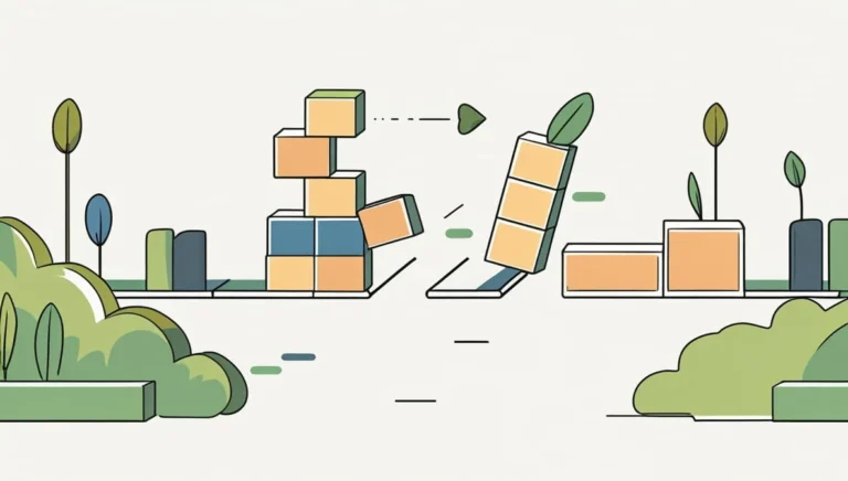 Illustration of blocks and abstract trees. A stack of blocks on the left, with one top block tilting towards the right, hinting at movement or change.
