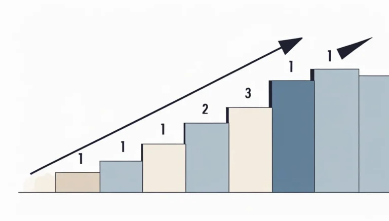 Bar chart with five ascending columns in varying shades of blue and beige, numbered 1 to 5. An arrow indicates upward growth, suggesting progress or success.
