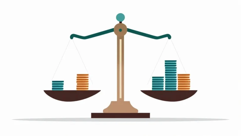 Illustration of a balance scale with uneven stacks of coins. The left side has fewer coins, suggesting imbalance, symbolizing inequality or financial disparity.