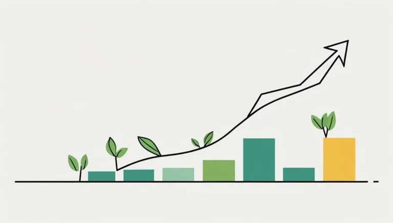 Illustration of a bar graph with ascending bars in varying colors, each topped by a growing plant. An upward arrow indicates growth and progress.
