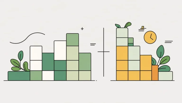 Alt text: "Image of two bar graphs built from stacked green and orange blocks with plant elements. A clock and mathematical symbols convey growth over time."