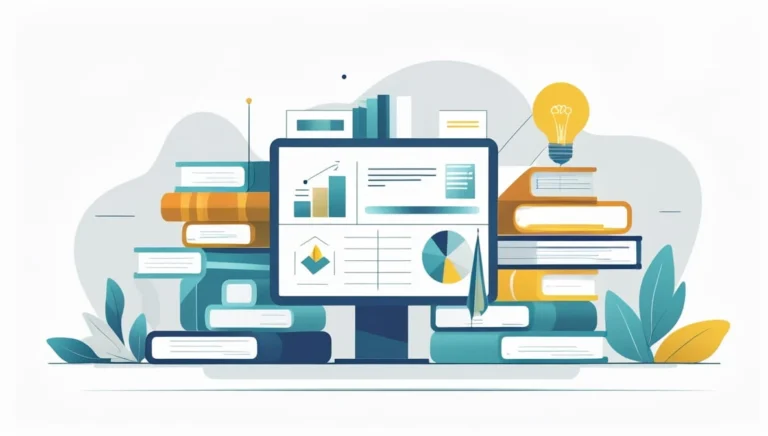Illustration of a computer screen displaying graphs, surrounded by stacked books and plants. A lightbulb symbolizes ideas, conveying a sense of learning.