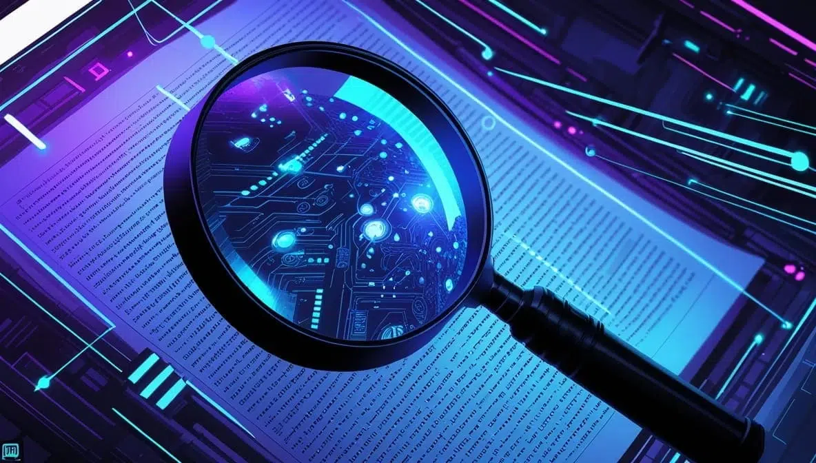 A magnifying glass hovers over a digital circuit board, superimposed on a glowing, futuristic page. The scene blends technology and analysis with neon tones.